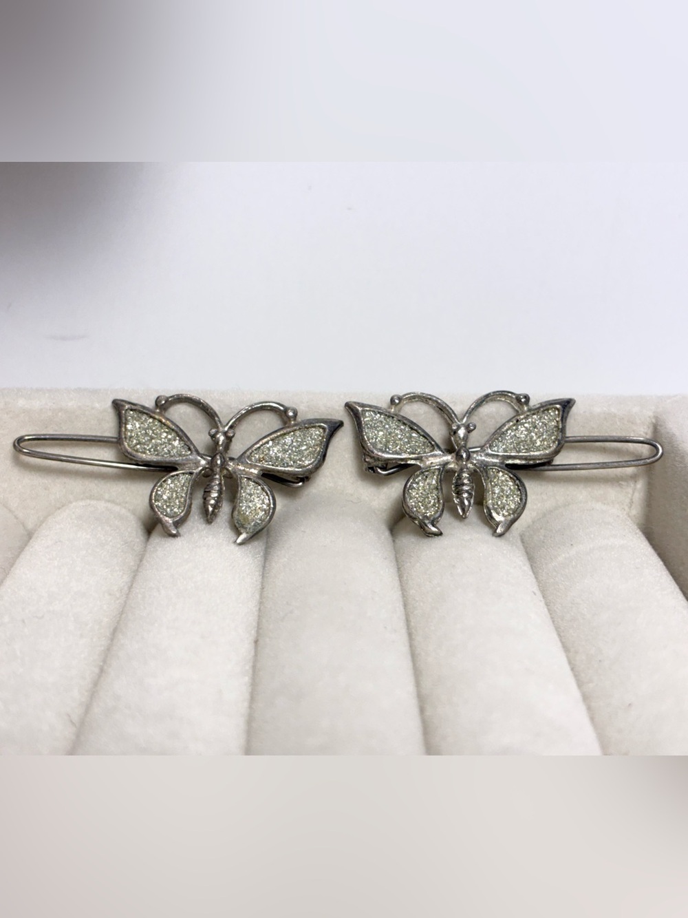 90s Y2K Glitter Enamel Silver Tone Butterfly Hair Barrettes Pair Vintage